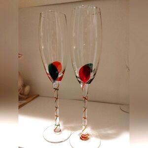 2 PC's -  Pier Crystal Red & Green Champagne glasses